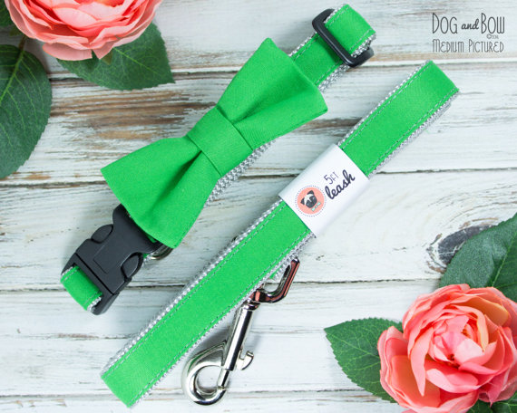 زفاف - Green Dog Collar with Optional Leash and Removable Bow Tie 