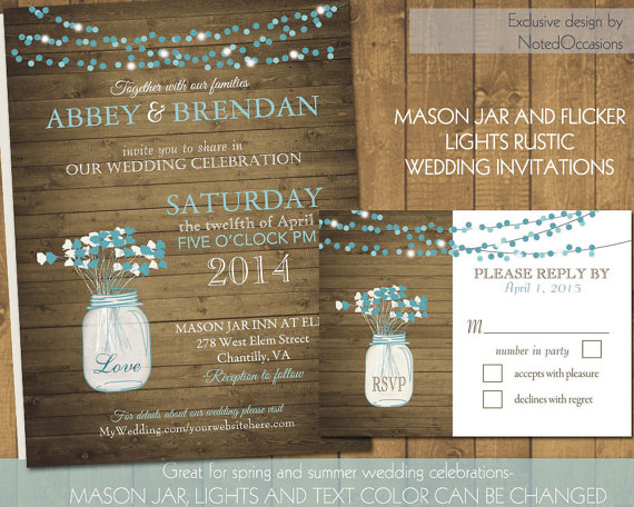 Wedding - Mason Jar Wedding Invitations- Rustic Mason Jar Country Wedding Invitations with Flowers and dangling lights  - on wood grain background