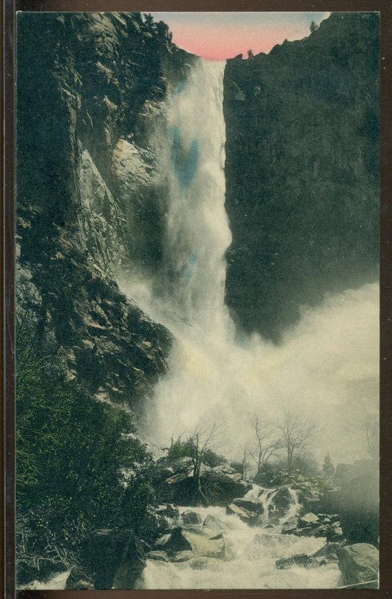 زفاف - California Yosemite Bridal Veil Falls Hand Colored Unused Divided Back 1930's Postcard