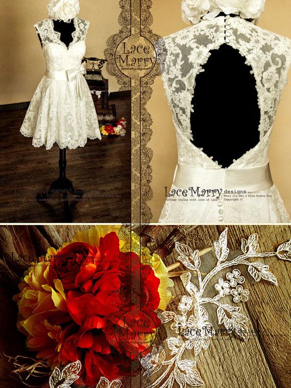 زفاف - Knee Length Lace Wedding Dress Features V-Cut Neckline and Keyhole Open Back with Scalloped Edges  - Short Lace Wedding Dress