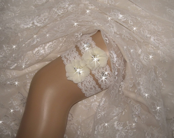 Mariage - Lace Cream Wedding Garter  Crystal Garter  Rhinestone Garter Toss Garter  Garter Belt  Garder