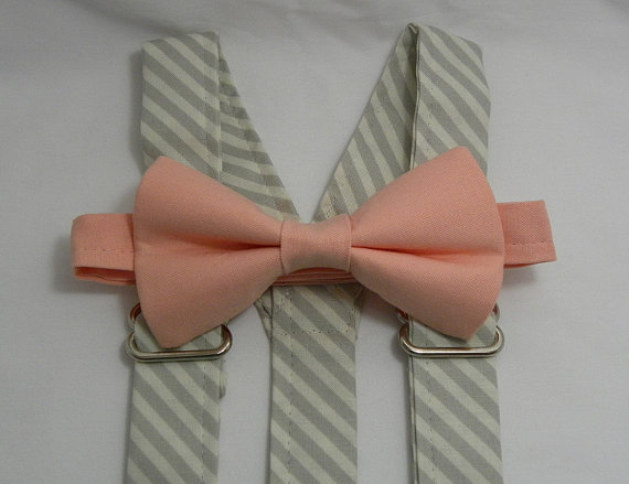 Wedding - Grey Diagonal Striped Suspenders and Solid Peach Bow Tie Set - Sizes from newborn to Adult - Free Shipping for 3 or more Sets.