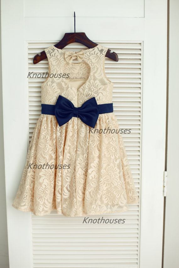 Свадьба - Champagne Lace Navy Blue Sash Bow Keyhole Backless Open back Flower Girl Dress Children Toddler Dress for Wedding Junior Bridesmaid Dress