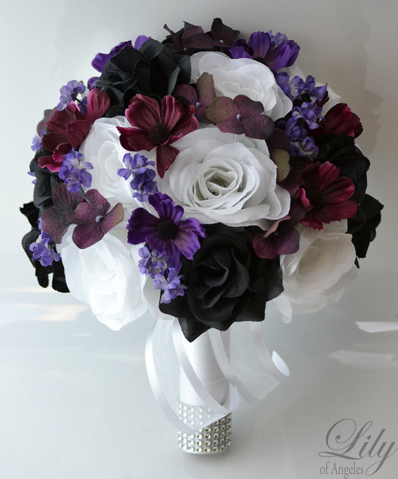 Wedding - 17 Piece Package Wedding Bridal Bride Maid Of Honor Bridesmaid Bouquet Boutonniere Corsage Silk Flower PLUM WHITE BLACK "Lily of Angeles"