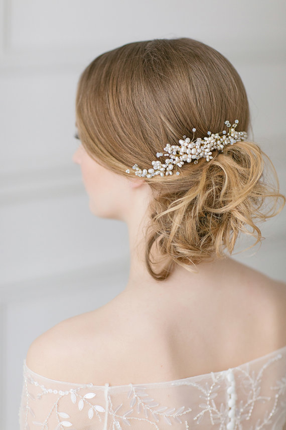 زفاف - Wedding Pearl Hair Piece, Gold Swarovski Headpiece, Bridal Hair Comb ,Large Freshwater Pearl Comb, Bridal Hair Accessories