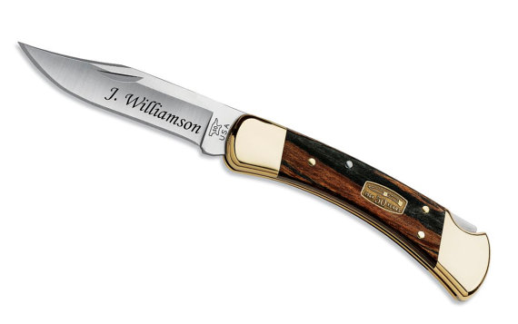 Wedding - Engraved Buck 50th Anniversary Folding Hunter with Brass Bolsters - pocket knife with wood handle - groomsmen gift, Father's Day gift