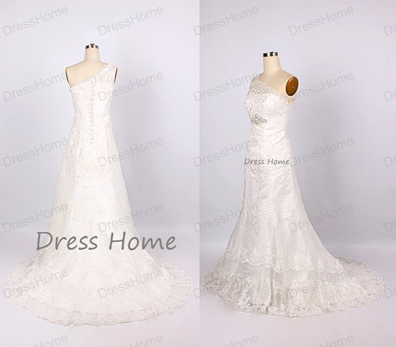 Hochzeit - Lace White Long Wedding Dress/One Shoulder Beading Mermaid Wedding Gown /Lace Bridal Gown/Beach Wedding Dress DH169