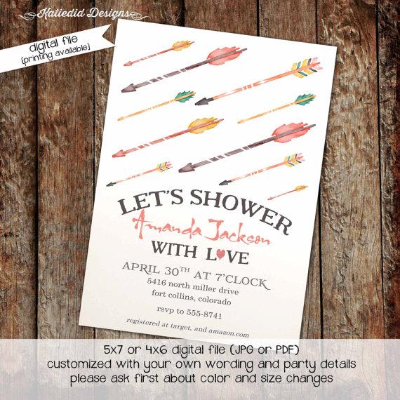 Wedding - bridal shower invitations or wedding invite, baby shower invitation, arrows watercolor, digital, printable file (item 316)