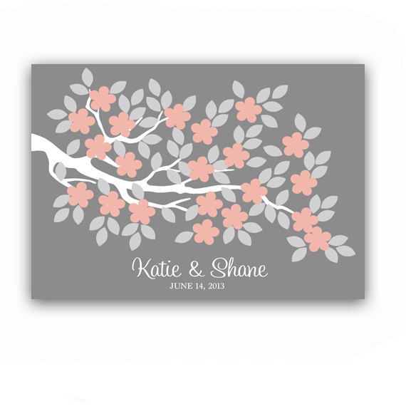 Свадьба - Wedding Guest Book Poster Unique Alternative For 100 Guest Sign In Tree Print Wedding Guest Book In Peach And Gray