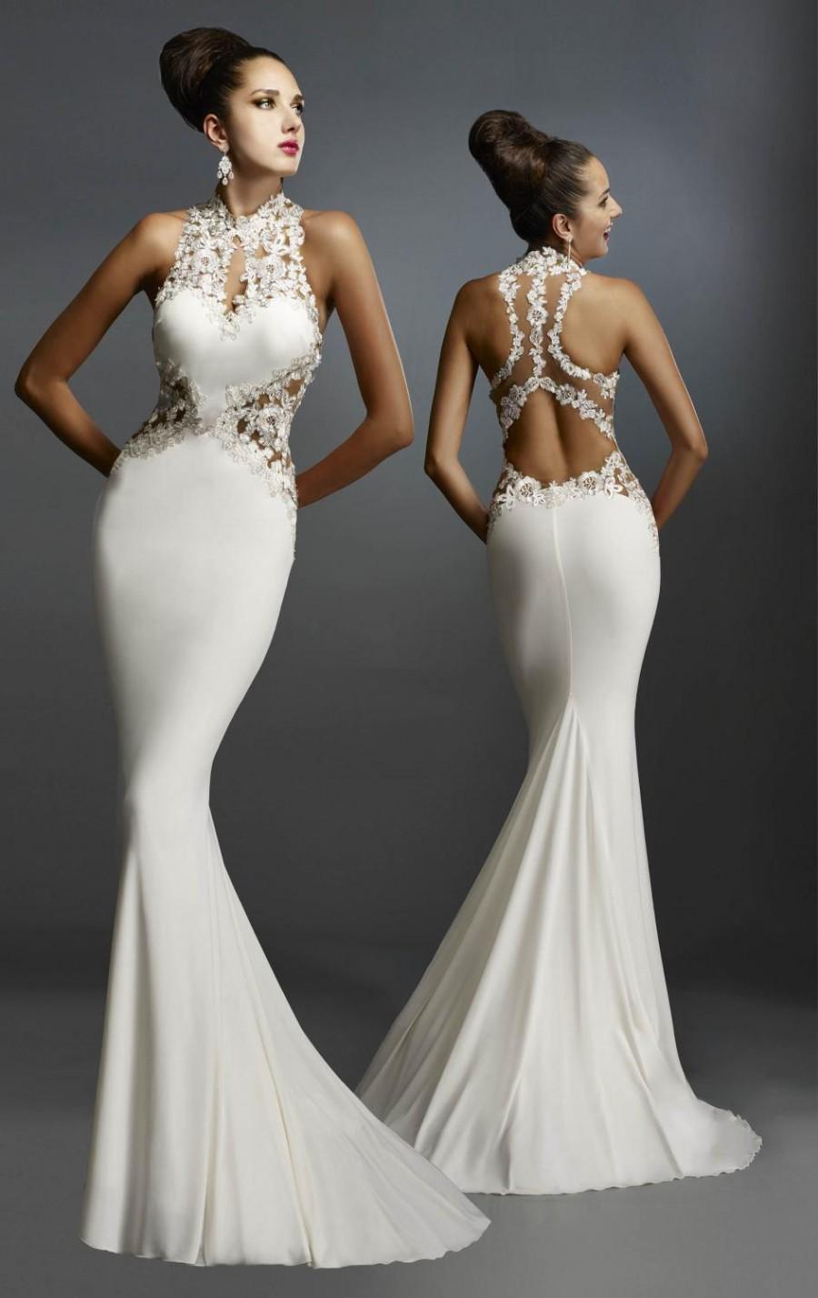 زفاف - Janique 2015 Sexy White Evening Dresses Mermaid Embroidered Sheer High Neck Lace Backless Sweep See Through Custom Prom Dresses Gowns Party, $108.05 