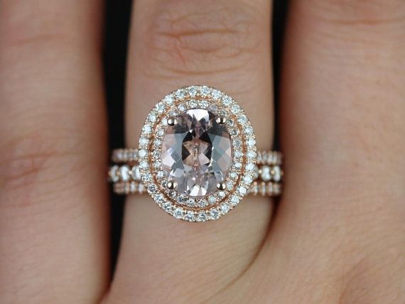 Mariage - Cara 10x8mm & Petite Bubble Breathe 14kt Oval Morganite And Diamonds Double Halo TRIO Set (Other Metals And Stone Options Available)