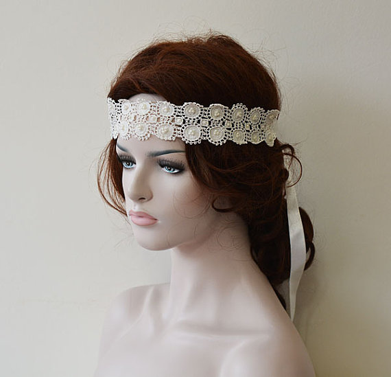 Hochzeit - Rustic Wedding Headband, Lace Wedding hair Accessories, Handmade lace with pearls, Bridal Headband, Wedding Hair Accessories