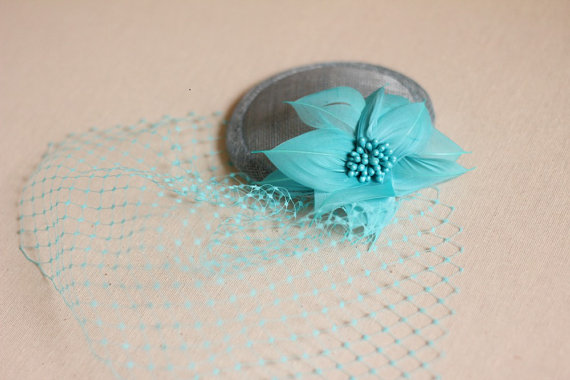 Wedding - Blue Hat with Veil - Mini Turquoise Cocktail Hat - Bridal Hat - Something Blue - Blusher Veil - Wedding Accessory - Kenticky Derby Hat