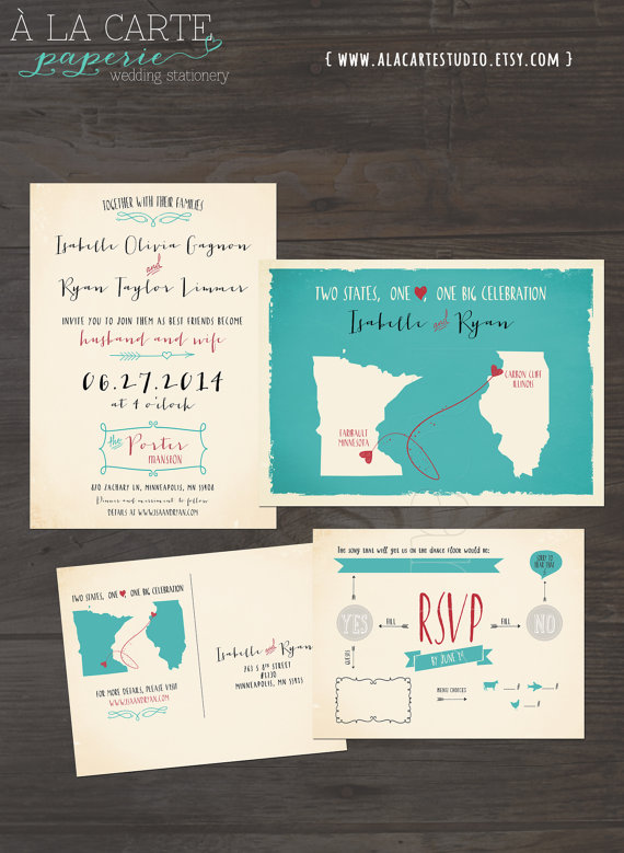 زفاف - Two States, One Love, One Big Celebration - Wedding Invitation and RSVP Cards Design fee - USA state map invitation turquoise aqua blue