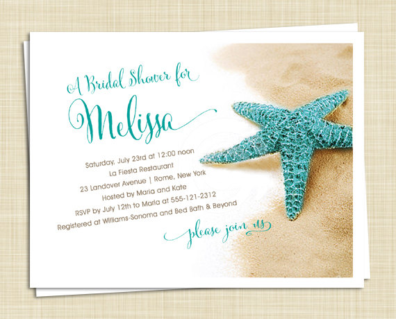 Wedding - 20 Bridal Shower Invitations - Starfish on Beach - Island  Tropical - you choose colors - PRINTED