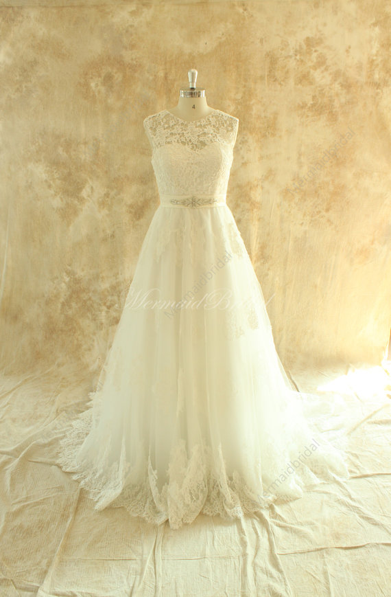 Hochzeit - Backless A line tulle lace wedding dress with elegant beading sash