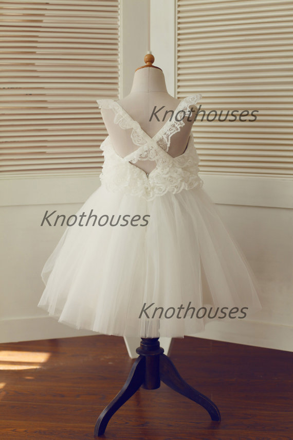 Mariage - Lace Tulle TUTU Flower Girl Dress Cross Back Junior Bridesmaid Dress Toddler Kids Dress for Wedding