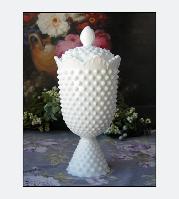 Hochzeit - Fenton Milk Glass Hobnail Apothecary Jar/Wedding Centerpiece