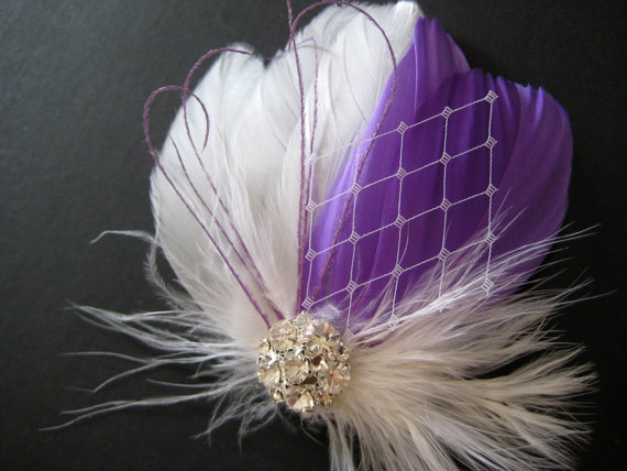 Wedding - Wedding Bridal White Purple Feather Rhinestone Jewel Veiling Head Piece Hair Clip Fascinator Accessory