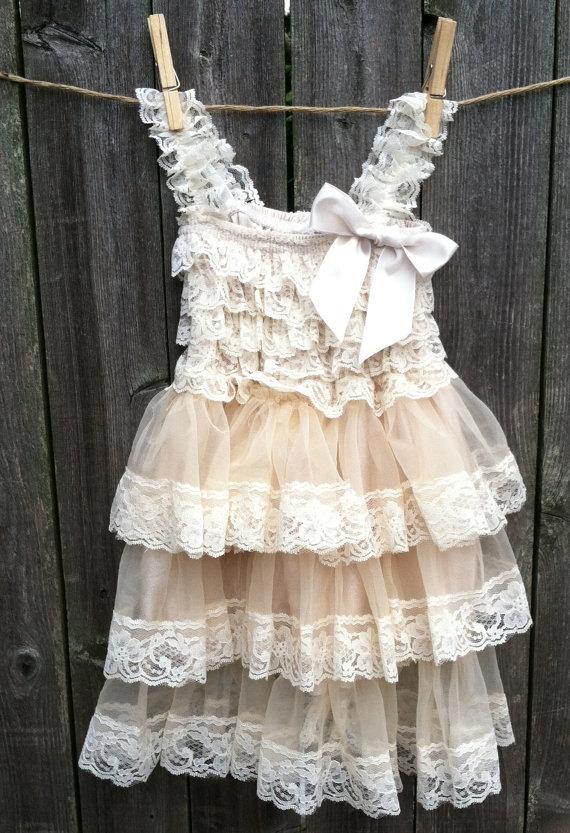 Hochzeit - Rustic Flower Girl Dress -Lace Pettidress/Rustic Flower Girl/Country Flower Girl Dress Cream/Wheat Cream/Country Wedding-Vintage Weddin