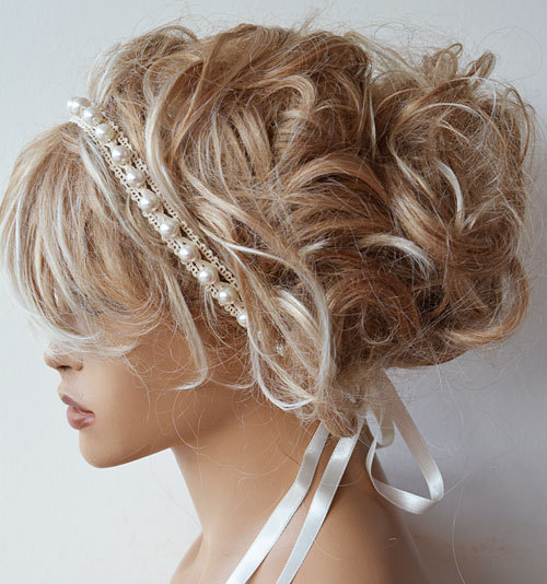 Свадьба - Bridal Pearl Headband, Lace İvory Pearl Wedding Head Piece,  Bridal Hair Accessory, Vintage Style, wedding accessory