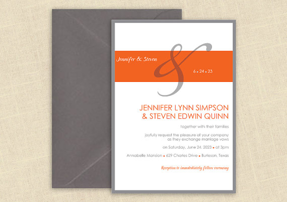 زفاف - Wedding Invitation Template - DOWNLOAD Instantly - EDITABLE TEXT - Together (Orange & Gray) 5 x 7 - Microsoft Word Format