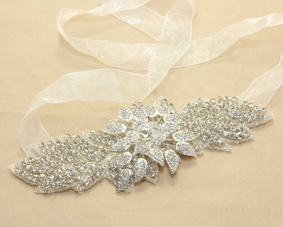Hochzeit - Vintage Style Hair Accessories, Wedding Bridal Jewelry, Rhinestone Crystals Organza Ribbon Bracelet Bangle,Flower Bouquet Wrap,Headband,Sash