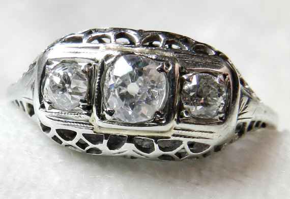 Hochzeit - Antique Engagement Ring .71 Ct Mine Cut 14K White Gold Mine Cushion Cut Diamond Ring 1910s Three Stone Ring