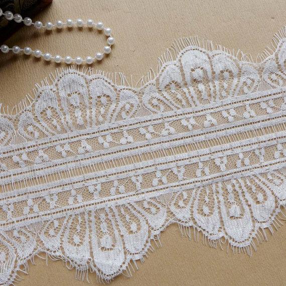 Свадьба - Unique Chantilly Lace Trim in White with Peacock Feather for Bridal, Veils, Lingerie, Costumes Supplies
