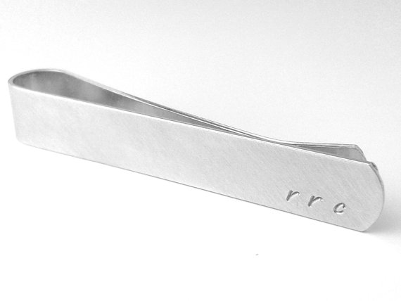 Wedding - Tie Bar Clip Personalized Hand Stamped Monogram Brushed Satin Silver Aluminum Custom Tie Clip - Father's Day Groomsmen Gift Wedding Groom