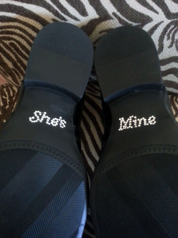 Wedding - She's Mine Shoe Stickers. Clear / Blue Rhinestone She's Mine Wedding Shoe Appliques - Rhinestone Shoe Decals for your Husbands Shoes