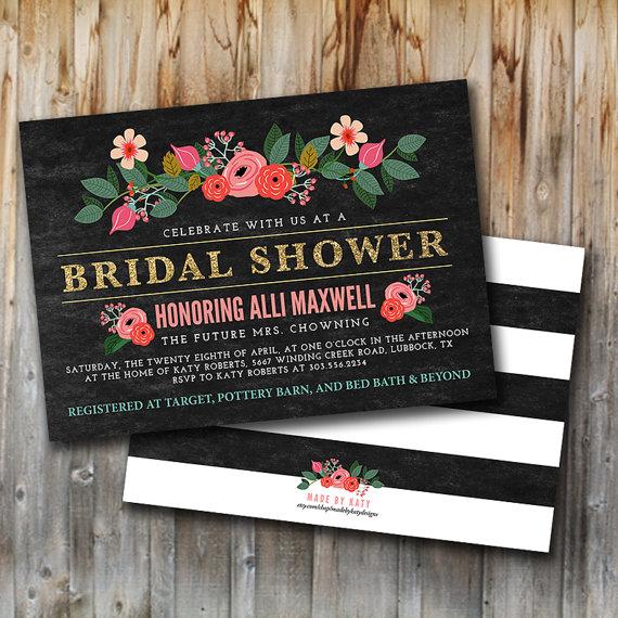 زفاف - Glitter and Floral Bridal Shower Invitation, Double Sided, Lingerie Shower, Bride To Be, Wedding Shower, Pink, Gold
