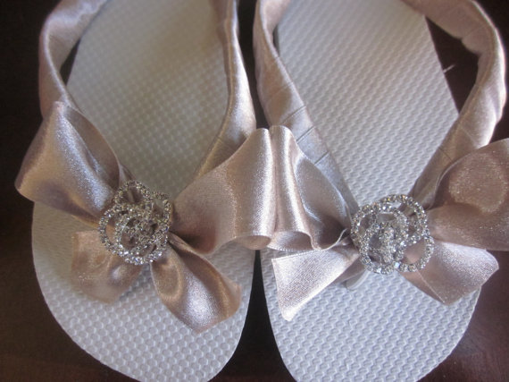 Hochzeit - Wedding Flip Flops/Wedges/Shoes/Sandals for Bride with REAL Swarovski Crystal  LOVEKNOT..Satin Champagne Ribbon Bow. Beach Weddings.