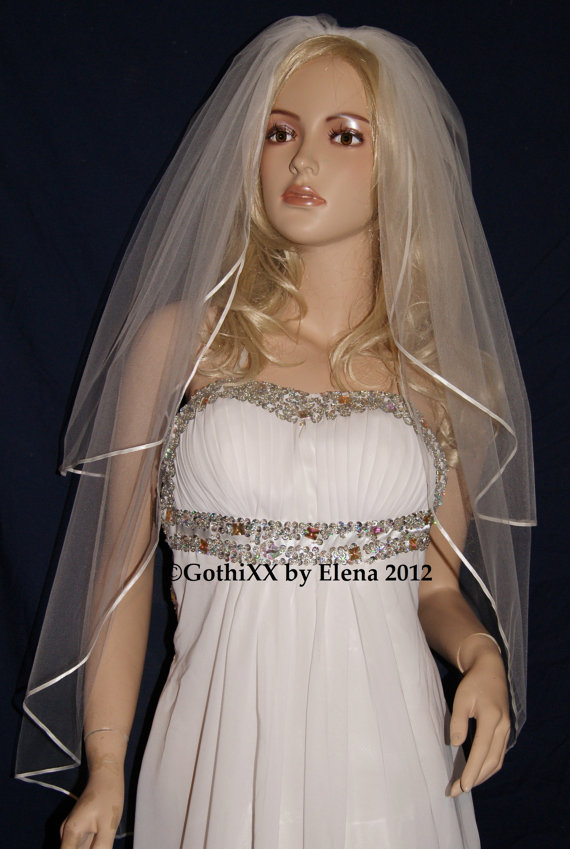 Mariage - Wedding Veil Fingertip Purple Pink Black Red Ivory Beige Diamond Wht 2Tiers 54" Width 24"  40" Length Satin Ribbon Trim 15 Colors available