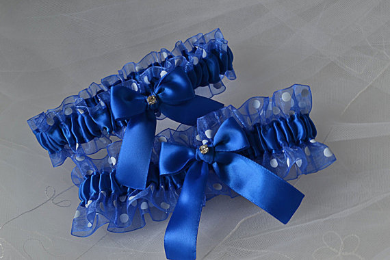 Mariage - Wedding Garter Set in Royal Blue with Polka Dotted Sheer Organza