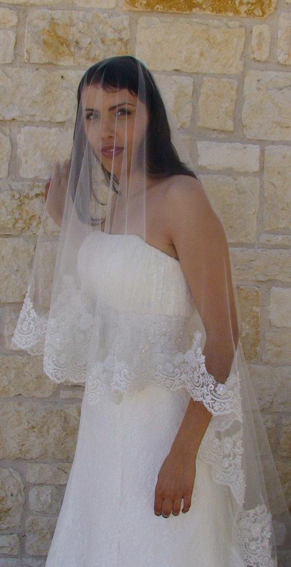 زفاف - Lace Bridal Veil, Drop style veil, face blusher , CATHEDRAL LENGHT 132", in Ivory White or Champagne