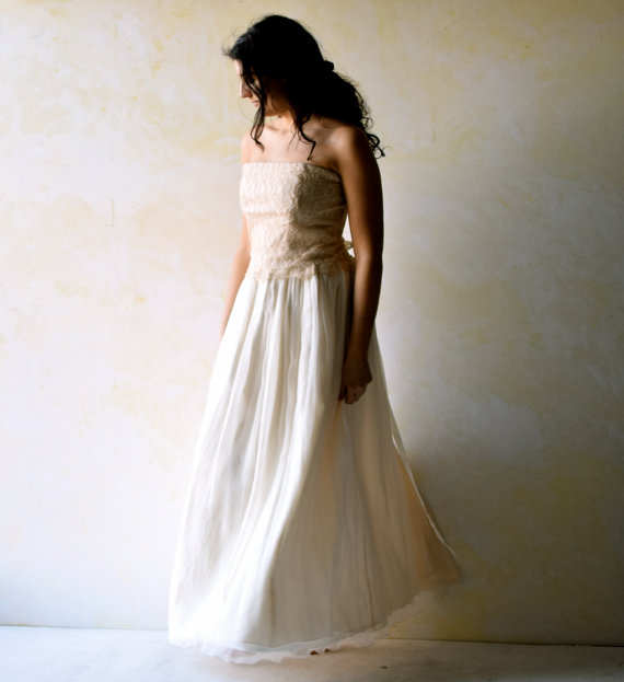 Wedding - Boho Wedding Dress, Alternative Wedding Dress, Lace wedding dress, Fairy wedding dress, strapless wedding dress, Silk Bridal gown. Loretree