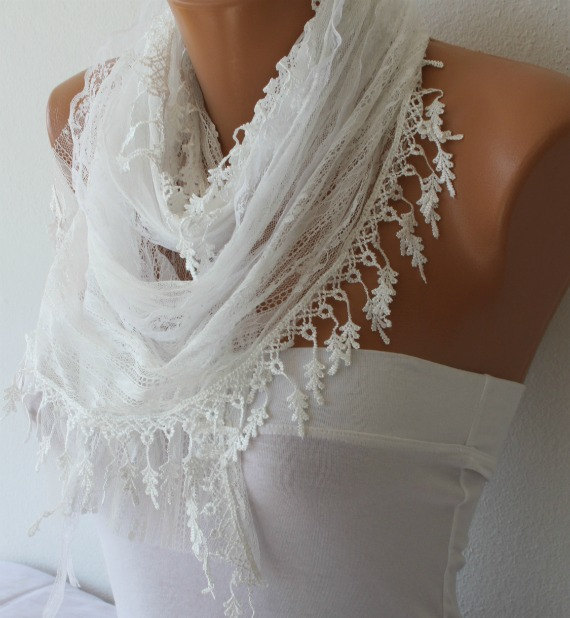 Hochzeit - White Lace Scarf Valentine's Shawl Scarf Bridal Accessories  Bridesmaids Gifts Ideas For Her Women Fashion Accessories best selling item