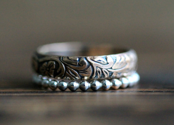 زفاف - Antique 14K Gold Filled and Recycled Silver Ball Stacking Ring Set w Secret Message- Engagement, Wedding or Promise Ring by Pale Fish NY