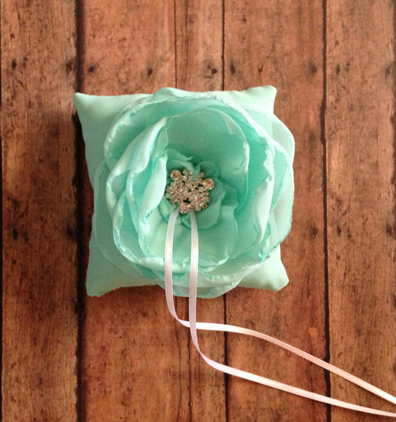 زفاف - Aqua/Mint Green Chiffon Wedding Pet Ring Pillow 