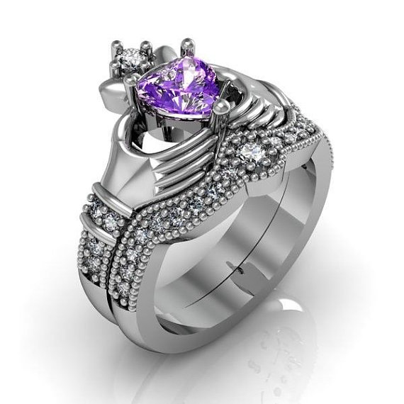 Hochzeit - Claddagh Ring -  Sterling Silver Amethyst Love and Friendship Engagement Ring Set
