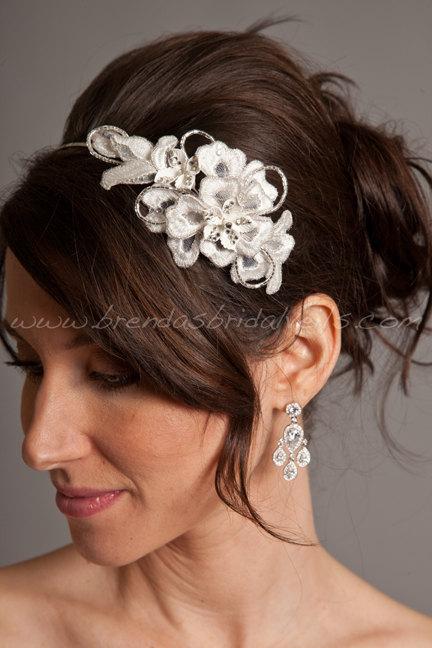 Hochzeit - Wedding Headband, Lace Comb, Porcelain Flowers, Rhinestones, Bridal Headpiece - Odessa