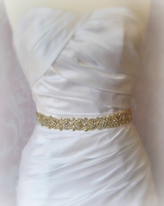 Hochzeit - Gold Rhinestone Bridal Sash, Crystal Wedding Belt, Crystal Bridal Sash, 23" of Rhinestones - ZAMIRA
