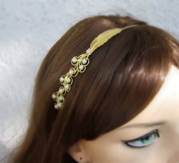 Wedding - Bridal  Feather Headband, Leaf Floral Headband,, Gold Pearl Headband, Wedding Hair accessories