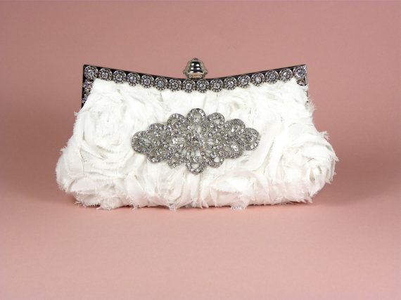 Hochzeit - White Bridal Clutch, Wedding Clutch, Vintage Inspired Clutch, Evening Bag, Rhinestone Clutch with Vintage Style Crystal Brooch