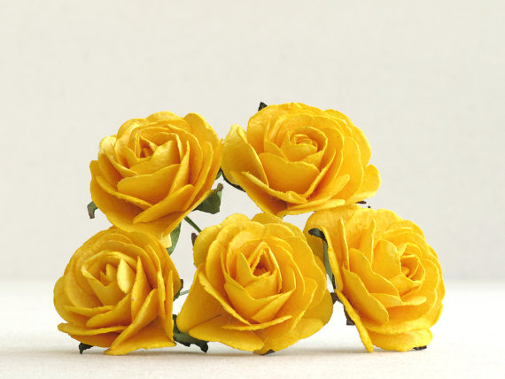 زفاف - 35mm Large Yellow Paper Roses (5pcs) - Mulberry paper flowers with wire stems - Great as wedding decoration and bouquet [143]