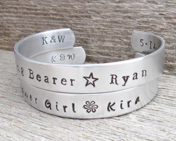 Mariage - Ring Bearer Flower Girl SET Toddler Child Name Bracelet WEDDING PARTY Stamped Jewelry Custom Cuff  Personalized Customize Boy Girl