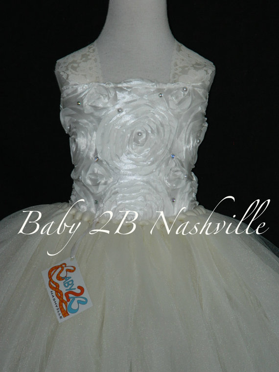 Свадьба - Flower Girl Dress in Ivory  Pearl Satin Rosette Flower Girl Dress Wedding Flower Girl Dress  Baby to Girls 10