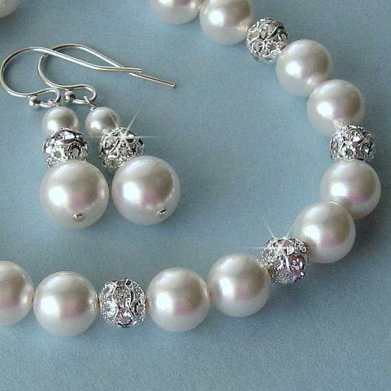 Bridal Pearl Bracelet And Earrings Set Pearl And Crystal