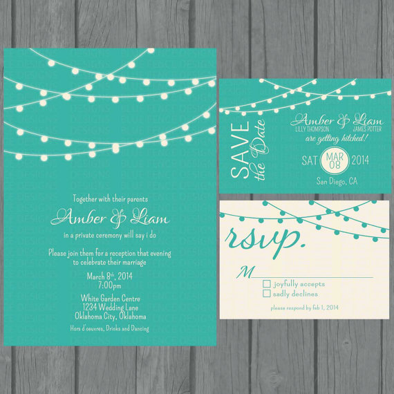 Hochzeit - Simple wedding invitation suite , modern, teal wedding invitation, non traditional, strings of lights, reception only invite